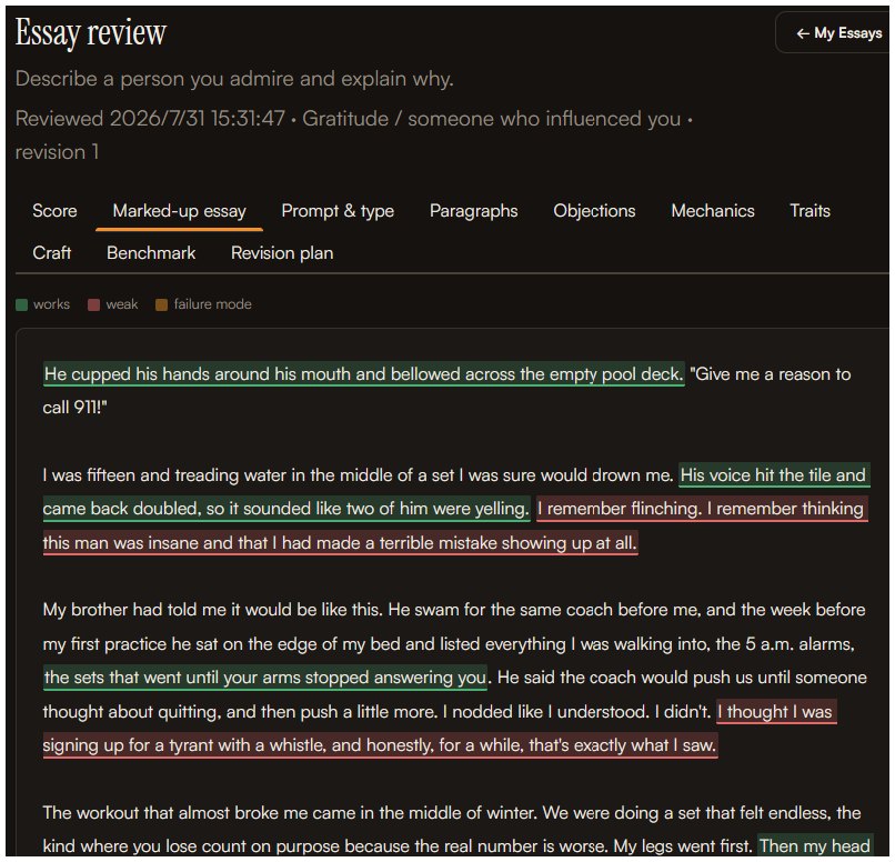 An essay marked up with trait-by-trait review feedback